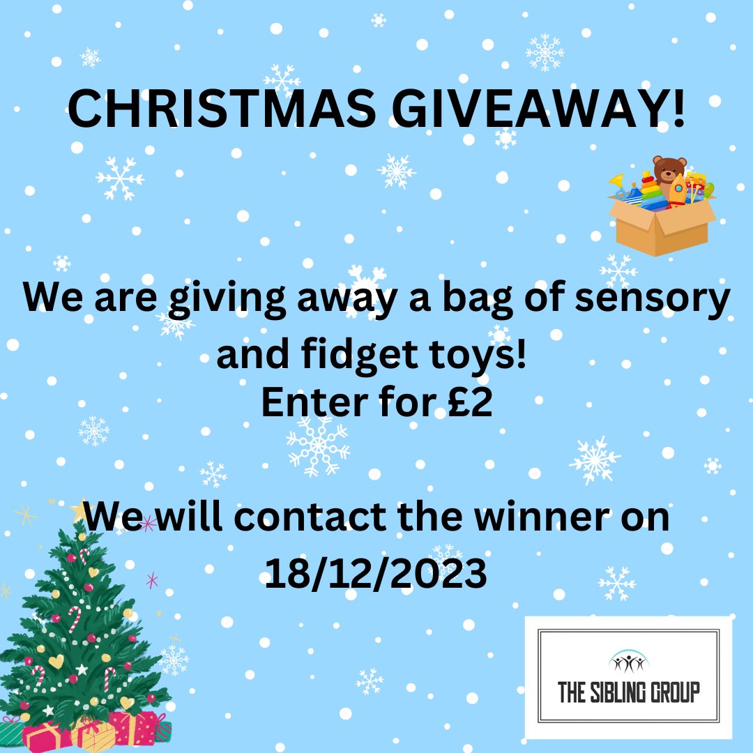 🎄✨CHRISTMAS GIVEAWAY!🎅🏻🎁 

We are giving away a surprise bag of sensory and fidget toys! 

£2 entry - you can pay here: pay.sumup.com/b2c/QMUIT29A

Closes 18/12/2023!

#SEND #christmas #giveaway #sensorytoys #carers