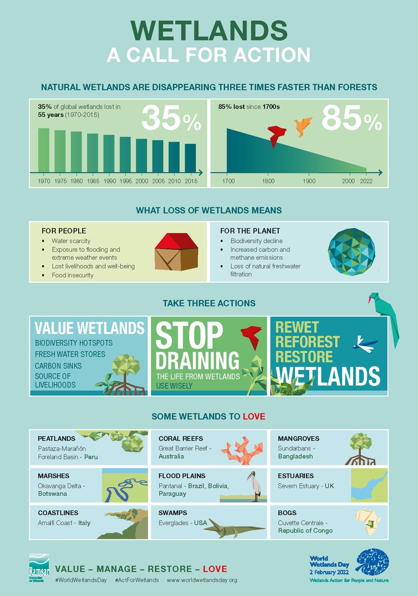 Wetlands are disappearing! 🦆💧

According to @ramsarconv, nearly 90% of the world’s wetlands have been degraded since the 1700s, and we are losing wetlands three times faster than forests.

#Wetlands are vital #ForNature, people and our planet.🌍

#ActForWetlands