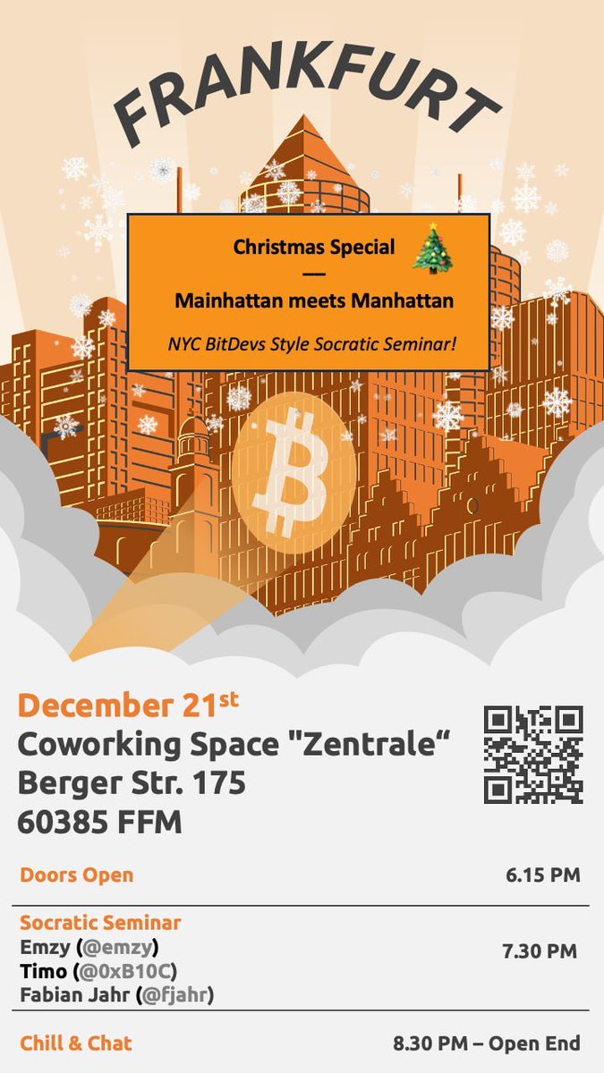 Das nächste Frankfurter #Bitcoin Meetup steht an!  

🎄 Wann? 🎄

21.Dez ab 18.15h  

🎄Wo?🎄

➡️Die Zentrale - Berger Str. 175 🎄