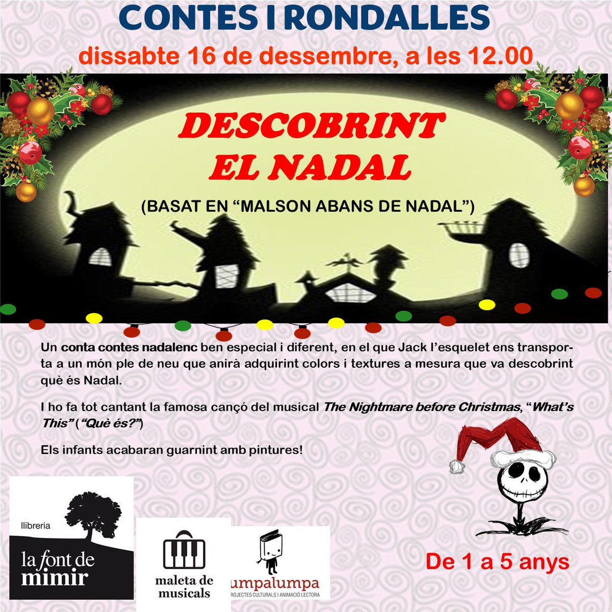 Aquest dissabte, dia 16 de desembre, a les 12h, torna Contes i Rondalles!

🎄En aquesta ocasió, dedicarem l'activitat als més menuts (d'1 a 5 anys) i l'ambientarem a Nadal! 
🧩Unes rondalles ben diferents i especials, amb la participació d'en Jack! El coneixeu? 😁

#plansambnens