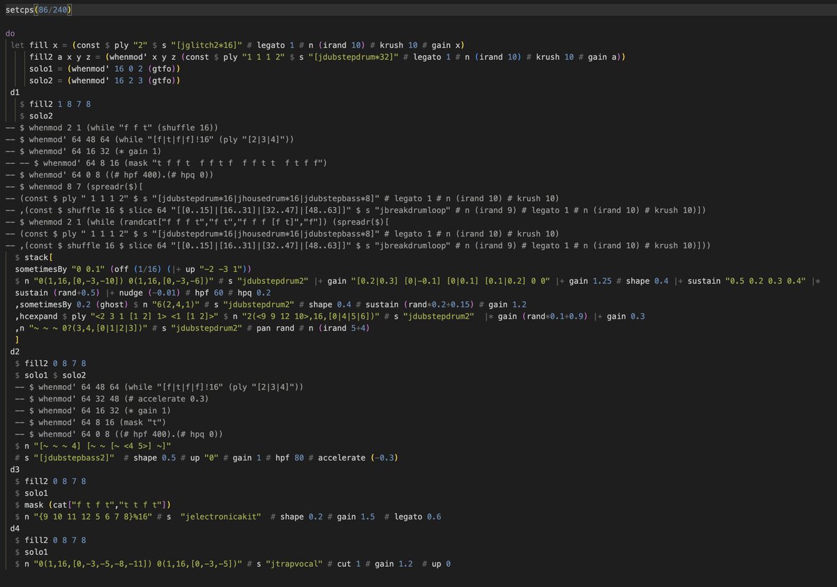 moistpeace's tweet image. #tidalcycles のコードはこちら。
fill という関数を定義して、constを使いd1-d4を一律同時に止めています。
solo1という関数を定義して、特定のサイクルだけ音を出さないようにしています。音を消したいトラックだけにsolo1を適用して、音を出したいトラックだけが特定のサイクルでも再生されます。
