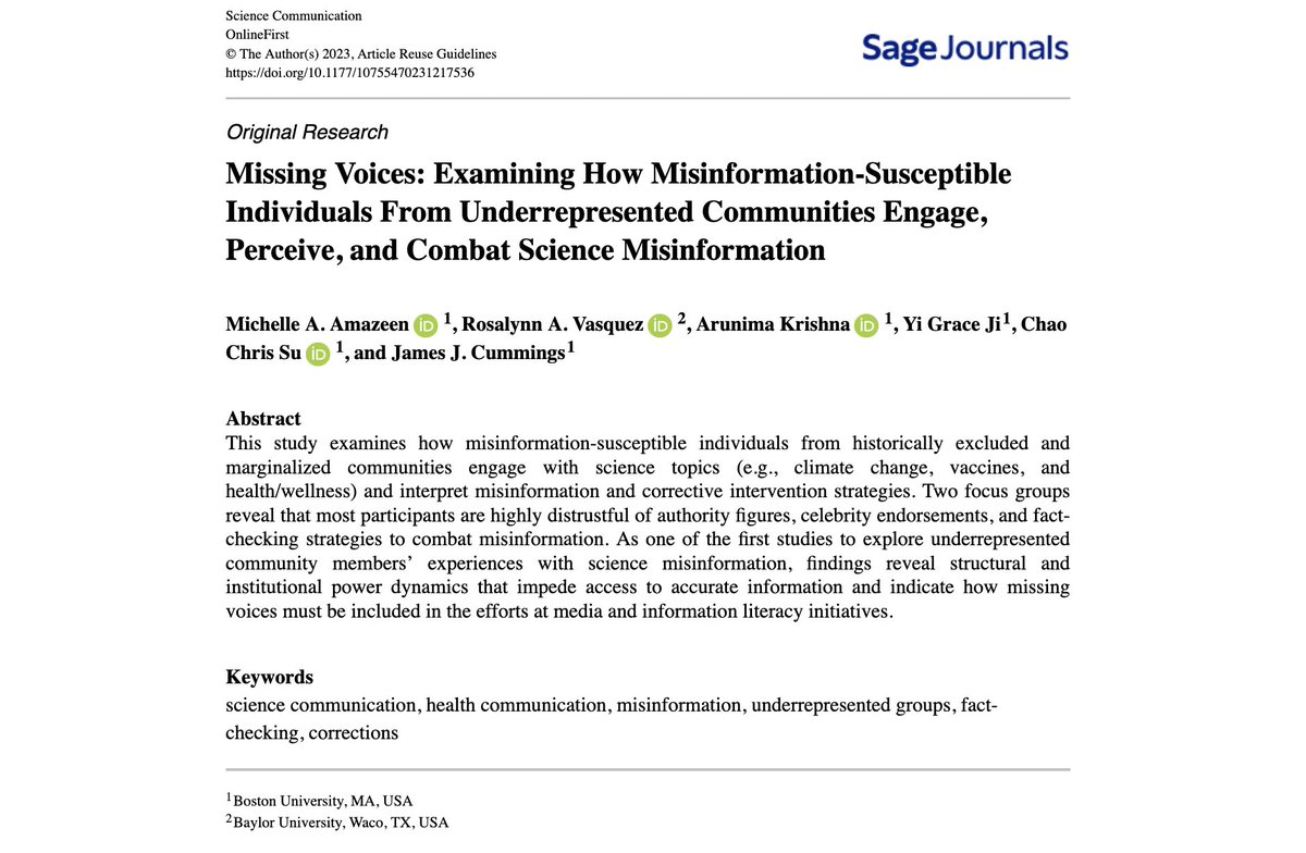 New #OpenAccess study “Missing Voices” examines how misinformation-susceptible individuals from historically excluded & marginalized communities engage with science topics and interpret #misinformation and corrective intervention strategies. journals.sagepub.com/doi/full/10.11… 1/8