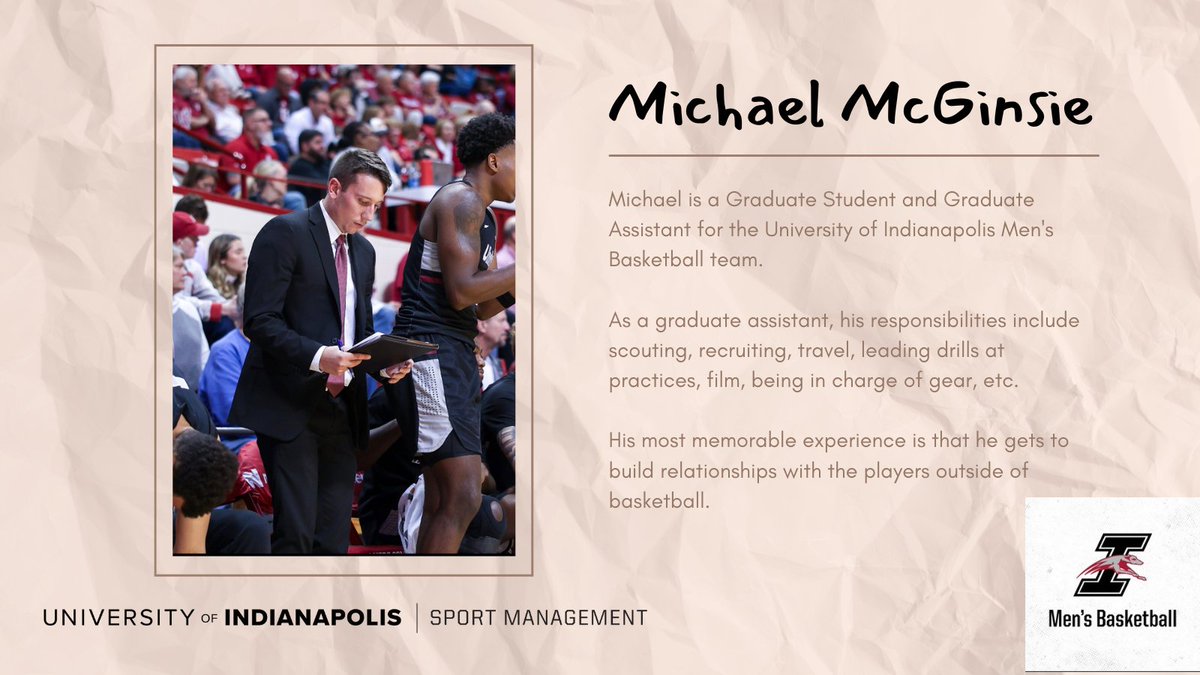 🏀 Meet Michael, Graduate Student and Assistant for @UIndyMBB! 🎓 From scouting to gear, he's the backbone of the team. 📽️ But the most memorable part? Building connections beyond the court with the players. 🤝🌟 #uindysportmgt #BasketballFamily #CoachingJourney #UIndyBasketball