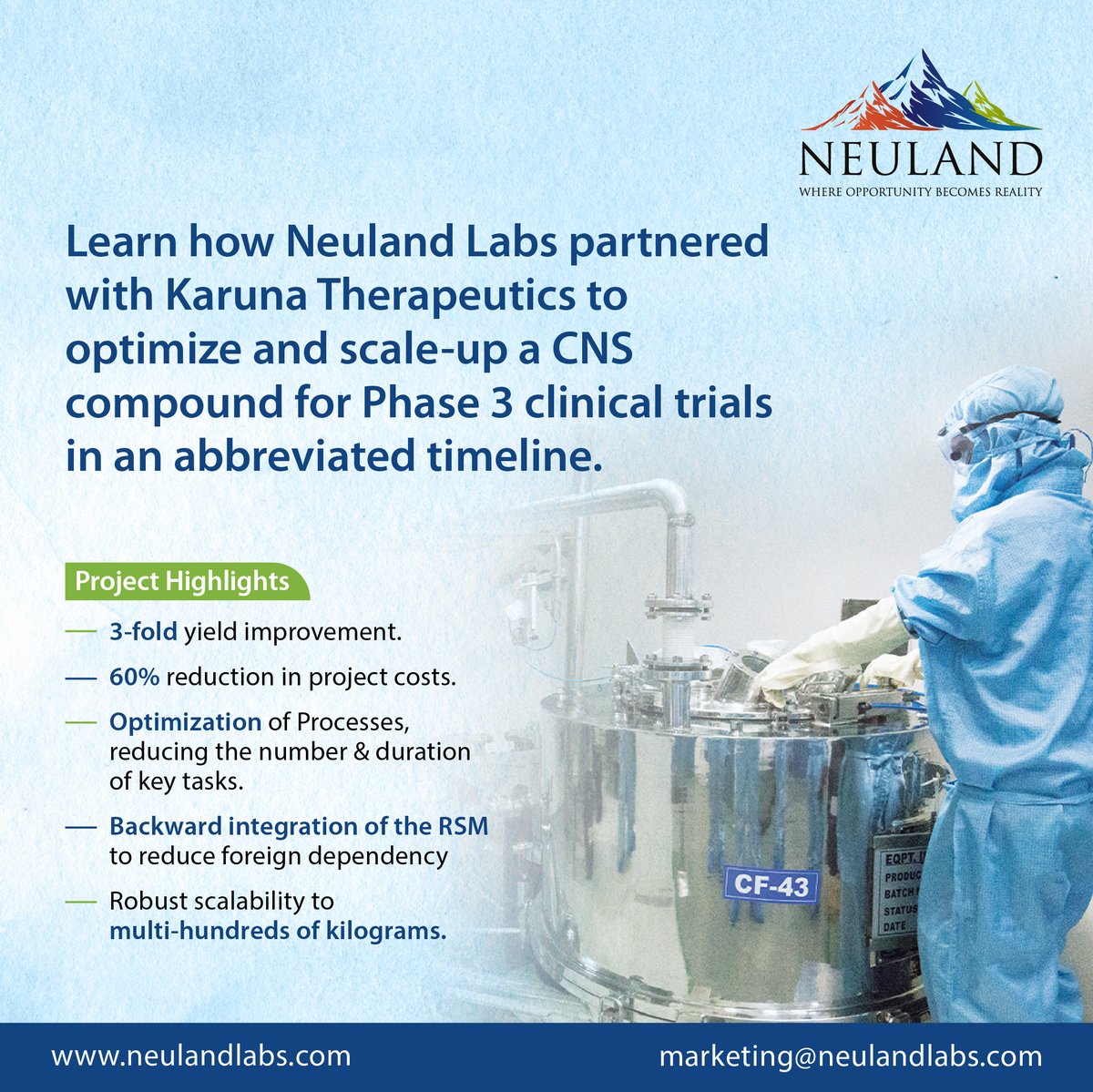 Neuland Labs – Karuna Therapeutics. Worried about #supplychain risks, we backward integrated an expensive RSM to reduce foreign dependence. We succeeded and cut the per-kilogram price in half. #NCE #drugdevelopment #drugmanufacturing #pharma