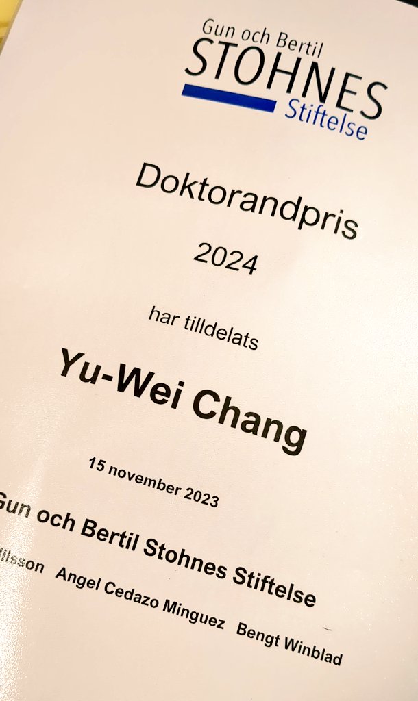 Yu-Wei Chang (@hejyuwei) on Twitter photo I am grateful for receiving the Gun and Bertil Stohnes Foundation Prize for PhD students. Sharing this honor with my dear friend and colleague <a href="/annacanalgarcia/">Anna Canal-Garcia</a> is absolutely the cherry on top! I am grateful for receiving the Gun and Bertil Stohnes Foundation Prize for PhD students. Sharing this honor with my dear friend and colleague <a href="/annacanalgarcia/">Anna Canal-Garcia</a> is absolutely the cherry on top!