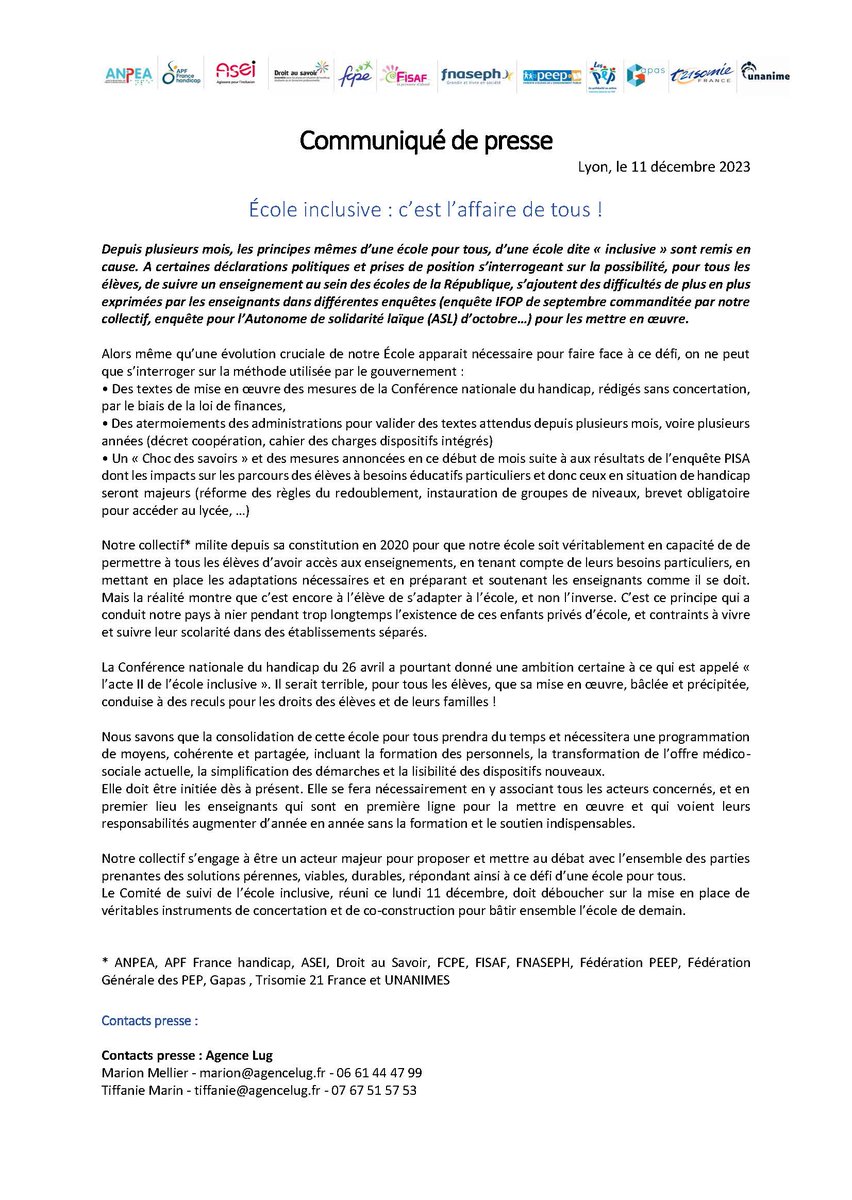 Le collectif « Ma place c’est en classe » fait part de son inquiétude face à la remise en cause des principes mêmes d’une école pour tous. 
Il partage son analyse, réaffirme son engagement à être un acteur force de propositions. 
👉Communiqué de presse : cutt.ly/bwANEE64