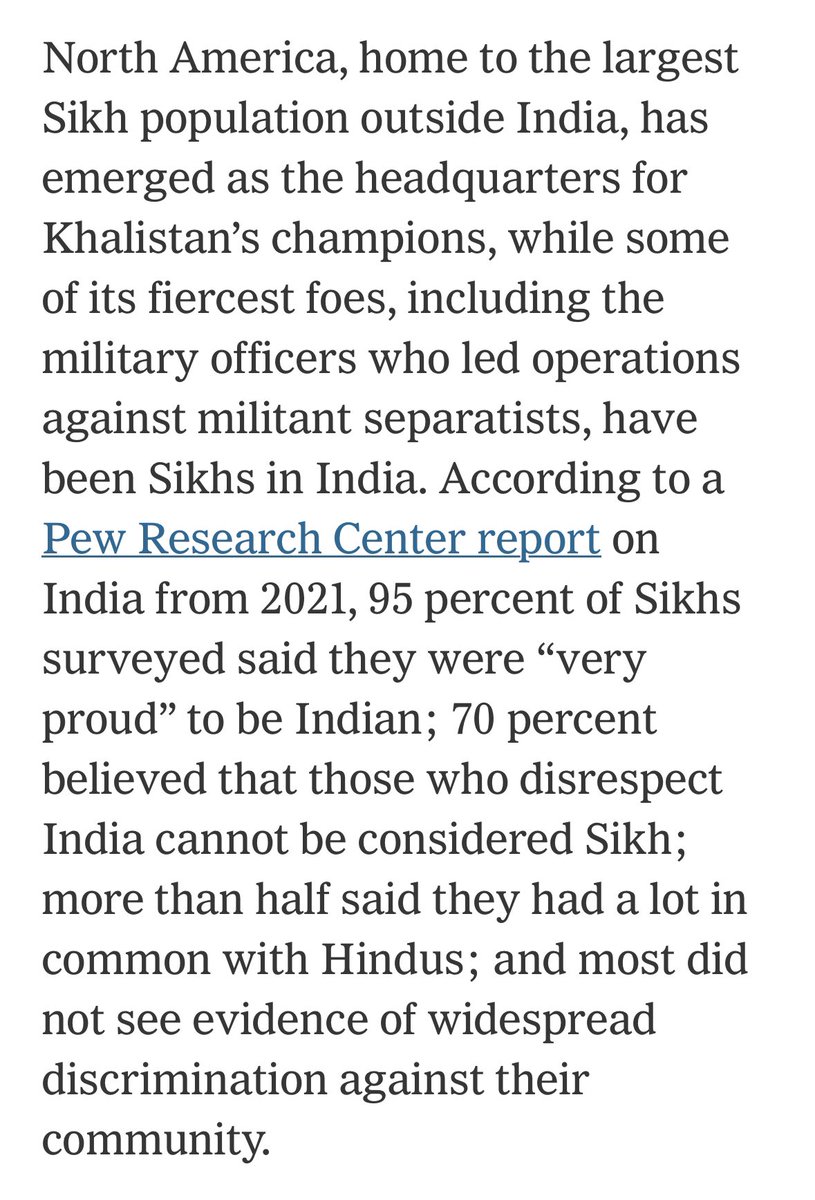 This from @kapskom, no fan of the Modi govt, being published by @nytopinion is remarkable as it outlines both the bloody brutality of the Khalistan movement and how little purchase it has in India based on the @pewresearch survey. @POTUS will be careful. nytimes.com/2023/12/12/opi…