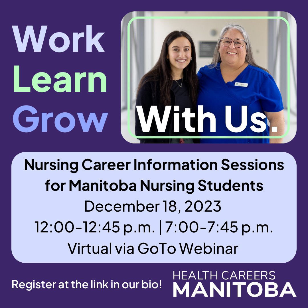 Are you a #Manitoba nursing student in your final year of study? Join us at one of our virtual nursing career information sessions coming up on Monday, Dec. 18! Visit ow.ly/rIcZ50QhEK2 to register now! #ManitobaIsHiring #Healthcare #HealthCareCareers