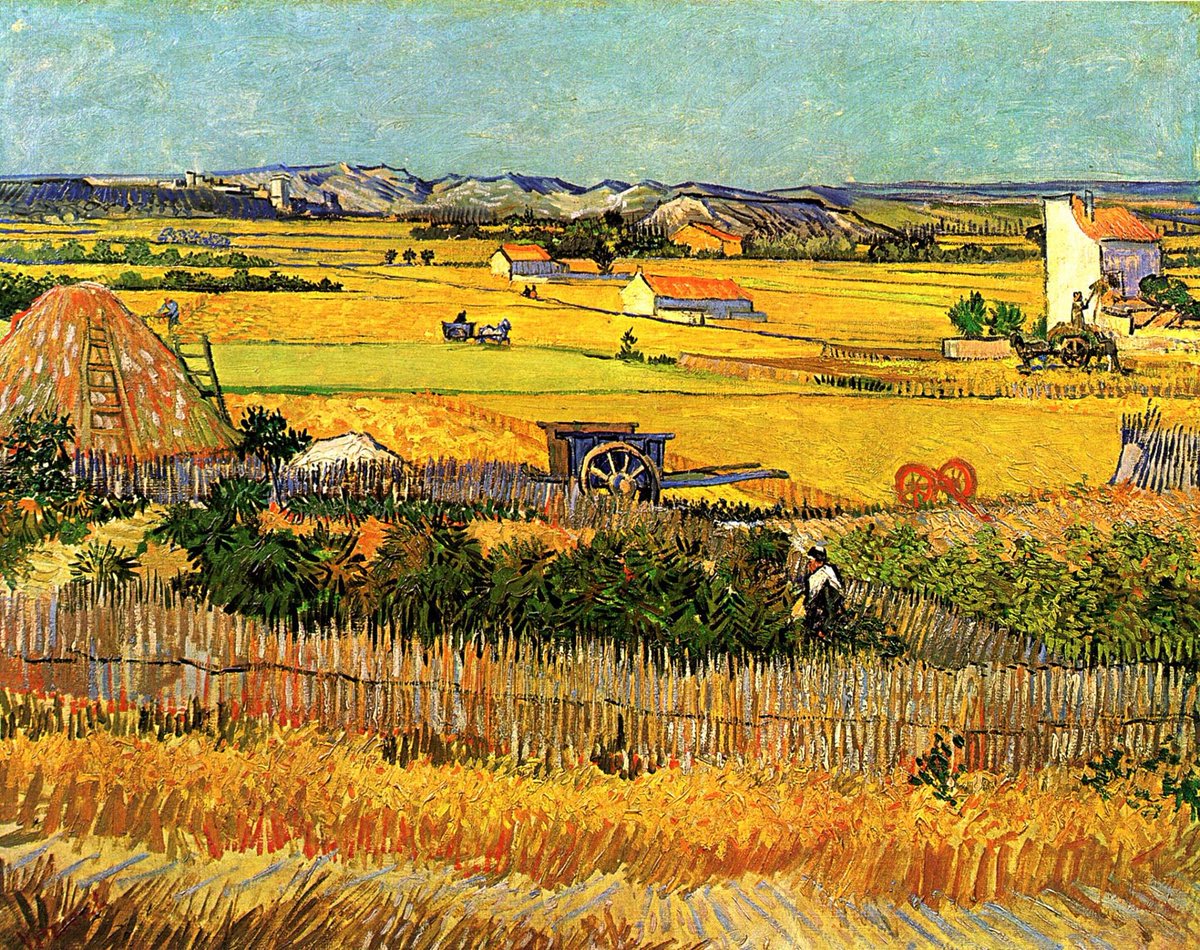 #VanGogh's "Great Harvest" of 1888 overlooking Arles where he had his Yellow House. The yellow of the house and the Sunflowers he would paint within its yellow walls spilled out over the valleys, fields and meadows giving light to art and to a man in need of its uplifting light.
