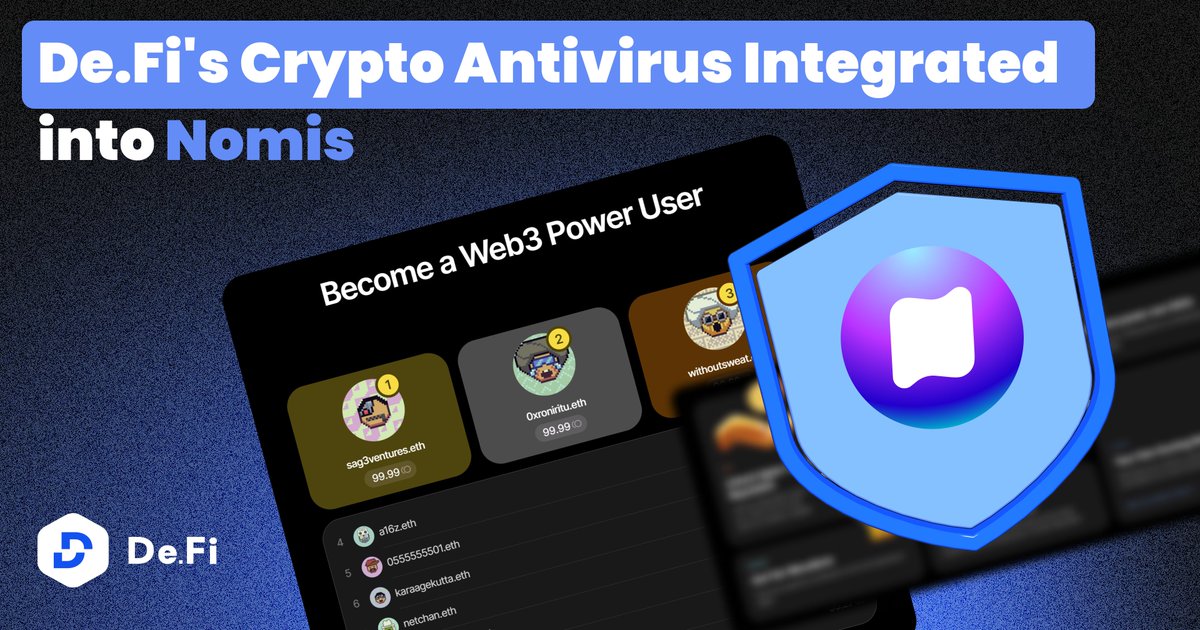 DeFi's tweet photo. 🚨 DeFi Antivirus API is now Protecting THOUSANDS of @0xNomis Users!

⚡️ We are thrilled to announce our partnership with Nomis, an innovative On-Chain Reputation Protocol

Their app is now leveraging our Crypto Antivirus API, offering real-time detection of high-risk assets 🧵👇 https://t.co/6YkmGwwVpX