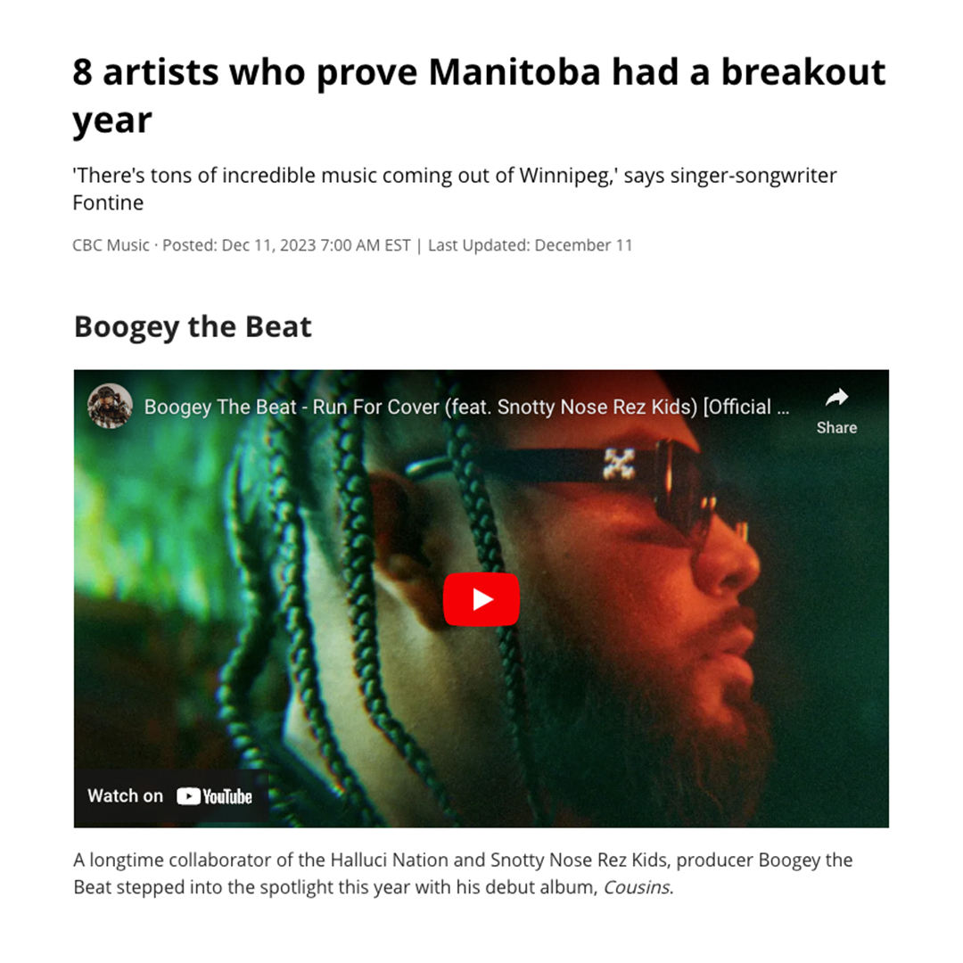 Thank you @CBCMusic for giving @boogeythebeat some more love and congrats to Boogey on an incredible 2023 🔥 Looking forward to 2024! bit.ly/48gVTGv