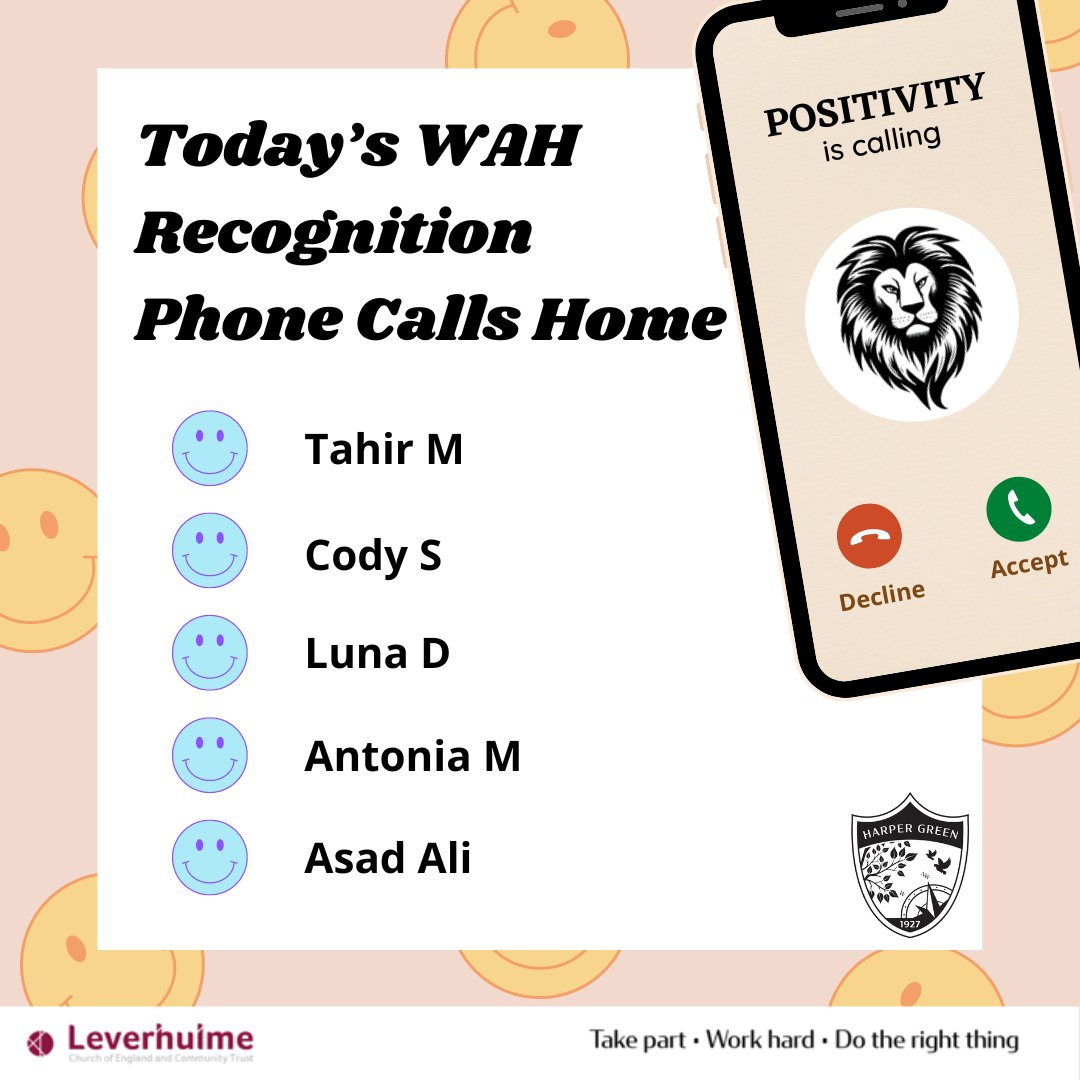 Today's 5 Positive Phone Calls have gone to Tahir M, Cody S, Luna D, Antonia M, and Asad A !

These 5 roarsome students have worked hard all day and are getting golden tickets left, right, and centre!
☎️🦁📞😍📷
#TPWHDTRT #Recognition #Weareharper #Makingtheprideproud