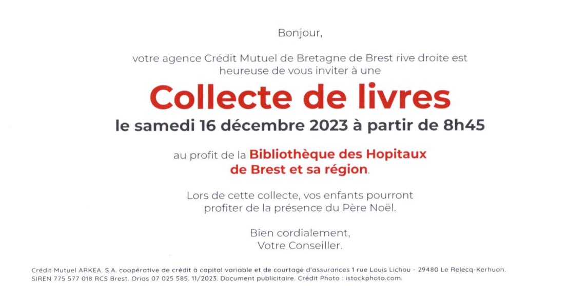 Le 16/12, venez à la caisse locale de Brest Rive Droite et participez à la collecte de livres 📚 au profit des hôpitaux de Brest et sa région. 🚨Alerte INFO🚨Les lutins nous informent que le père Noël sera présent 🎅 ! Ho ho ho..