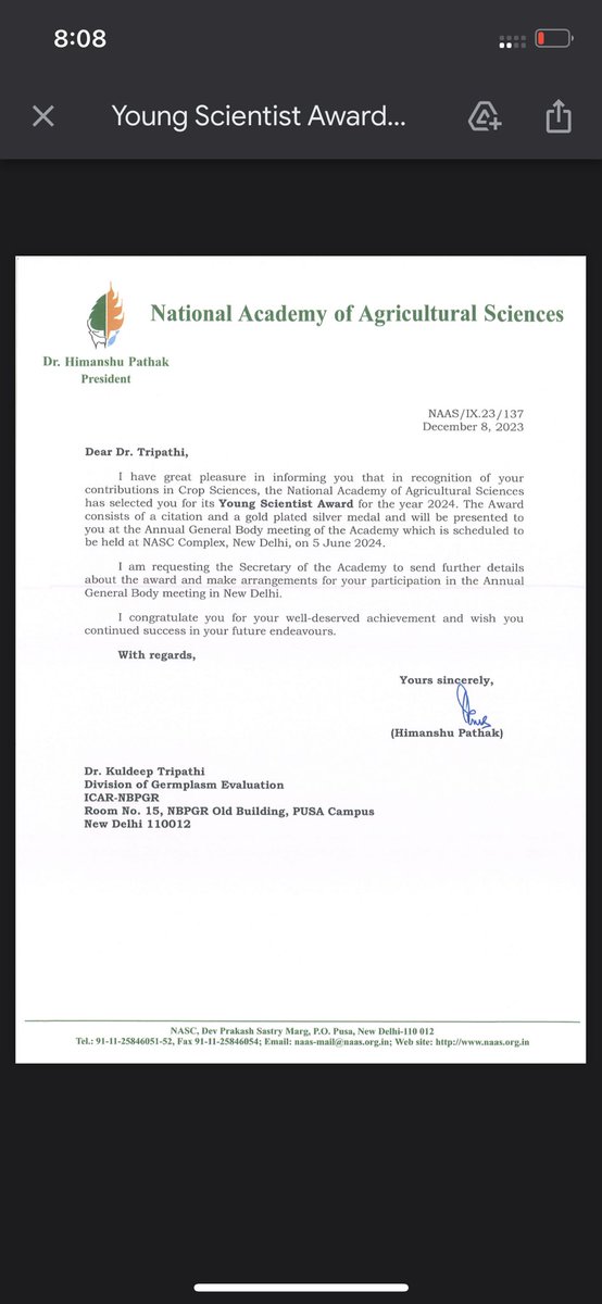 Kuldeep Tripathi (@kuldeeppgr) on Twitter photo I am elated to share that I have been selected for the NAAS Young Scientist AWARD 2024 (Crop Sciences). Thanks to family, teachers, mentors and friends. I acknowledge the support provided by <a href="/INbpgr/">ICAR-NBPGR</a> and my #pulses team. I am elated to share that I have been selected for the NAAS Young Scientist AWARD 2024 (Crop Sciences). Thanks to family, teachers, mentors and friends. I acknowledge the support provided by <a href="/INbpgr/">ICAR-NBPGR</a> and my #pulses team.