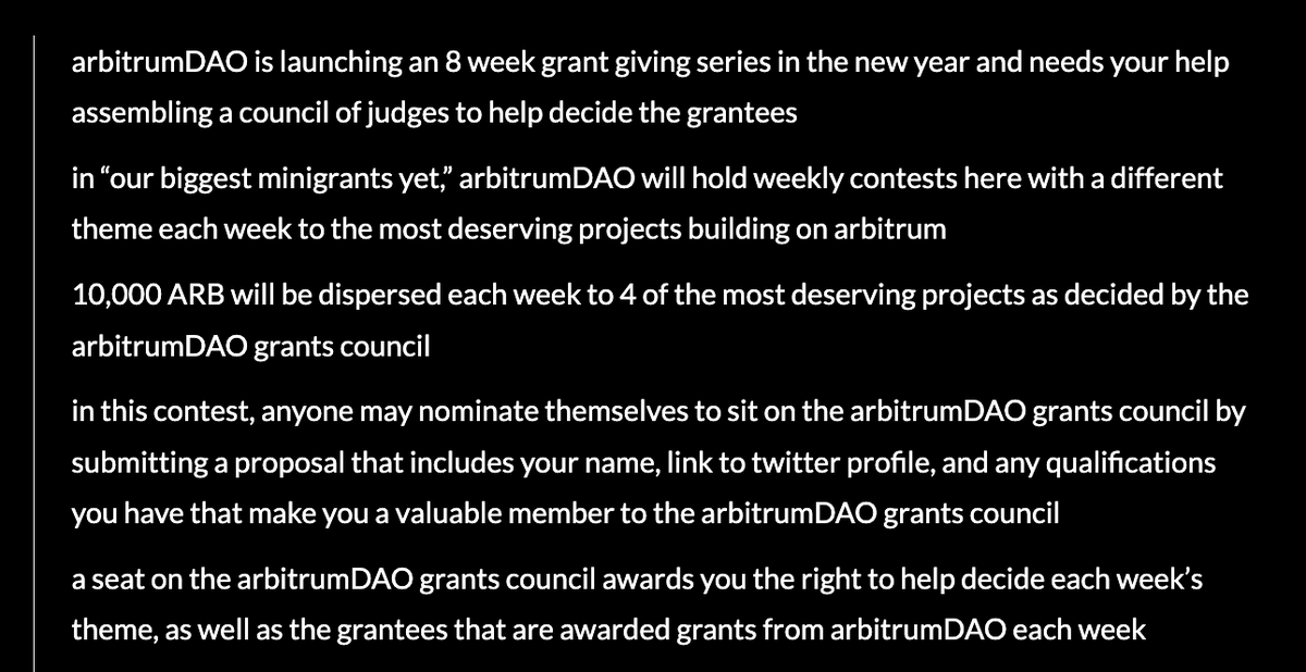 ok big breath, but uh:

just really excited to announce that arbitrum dao will be using us as their grants platform to nominate, pick, and fund 80k $ARB (~$90,000 USD) over 8 contests

step one?

nominate who you want to be the judges

jokerace.xyz/contest/arbitr…