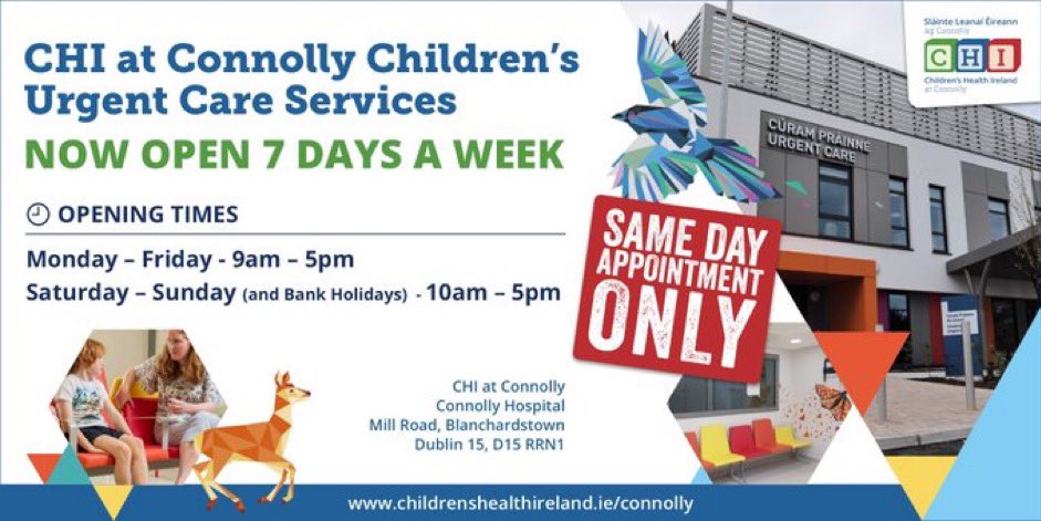 Our EDs are experiencing extremely high numbers of patients. If your child needs urgent care, our EDs are open but waiting times are much longer than usual. Our urgent care centre in CHI at Connolly is open for same-day appointment-only. More info➡️bit.ly/3l7rXcM