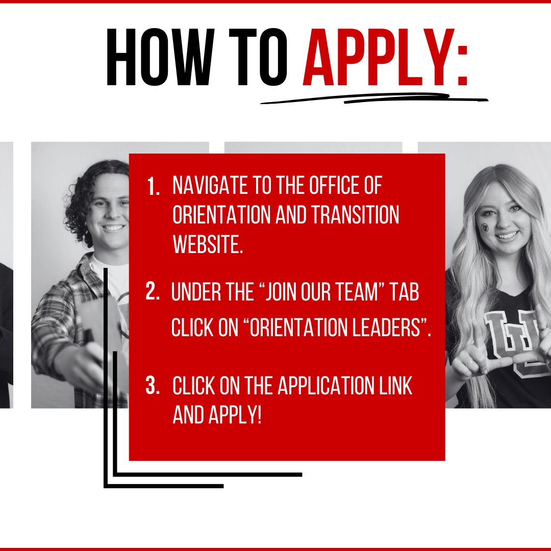 UofUOandT's tweet photo. On your markβ¦ Get setβ¦ Apply!!!ππΌππΌππΌ
Our application for Orientation Leaders are officially open! Donβt forget to submit your application before January 28th 2024π
#UofU #college #UniversityofUtah #OrientationandTransition #goapply #Job #jobopportunity #JobAlert https://t.co/iywss69qHY