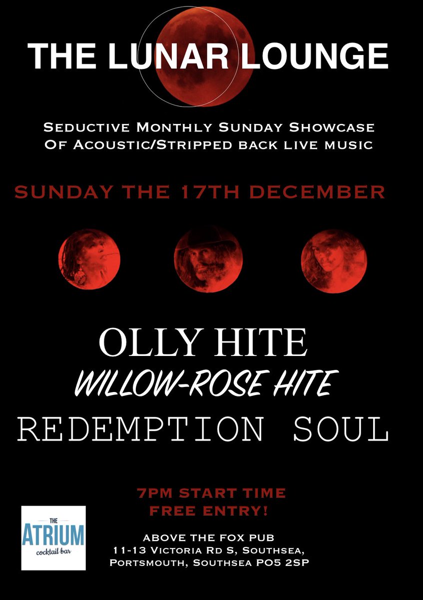 This Sunday at The Atrium The Lunar Lounge I’ll be joined by the fantastic Willow-rose Hite and the wonderful Redemption Soul FREE ENTRY! Above THE FOX PUB 11-13 Victoria Rd Southsea, Portsmouth PO5 2SP, Come join the fun X✌🏻X #pianoman #livemusic #sundayvibes