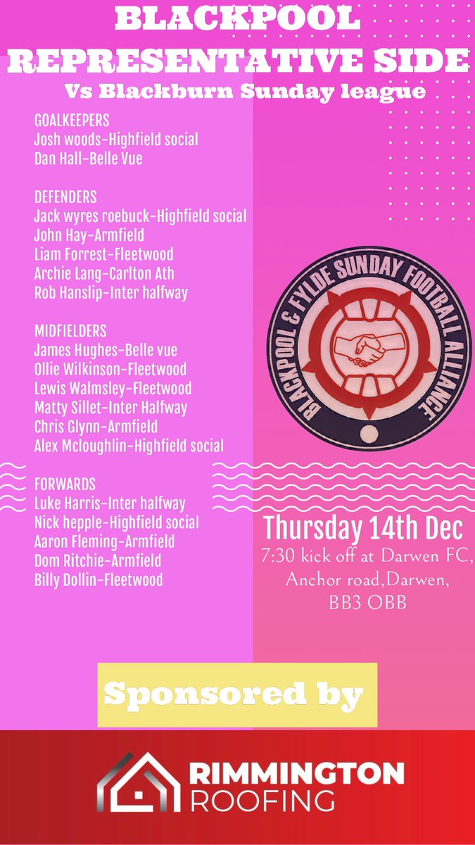 ▶️ Thursday Night Football

On Thursday evening we are taking part in an inter-league fixture between The <a href="/BlackburnLeague/">The Blackburn Sunday Football League</a> and The <a href="/BFSFA/">BFSFA</a>.

The BFSFA squad for Thursday below 👇 

#OneClub 🍊 🍊
