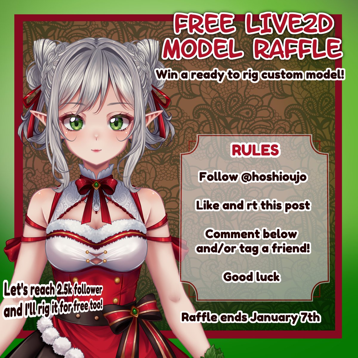 ✨XMAS MODEL RAFFLE✨

🍄As promised, here's the big one!
💜Follow, rt and comment/tag a friend for a chance to win a live2d model totally free!

✨Ends January 7th, gl everyone!✨

#VTuber #ENVTuber #artraffle #VTuberAssets #Vtuberart #raffle #VtuberSupport #freevtuberasset