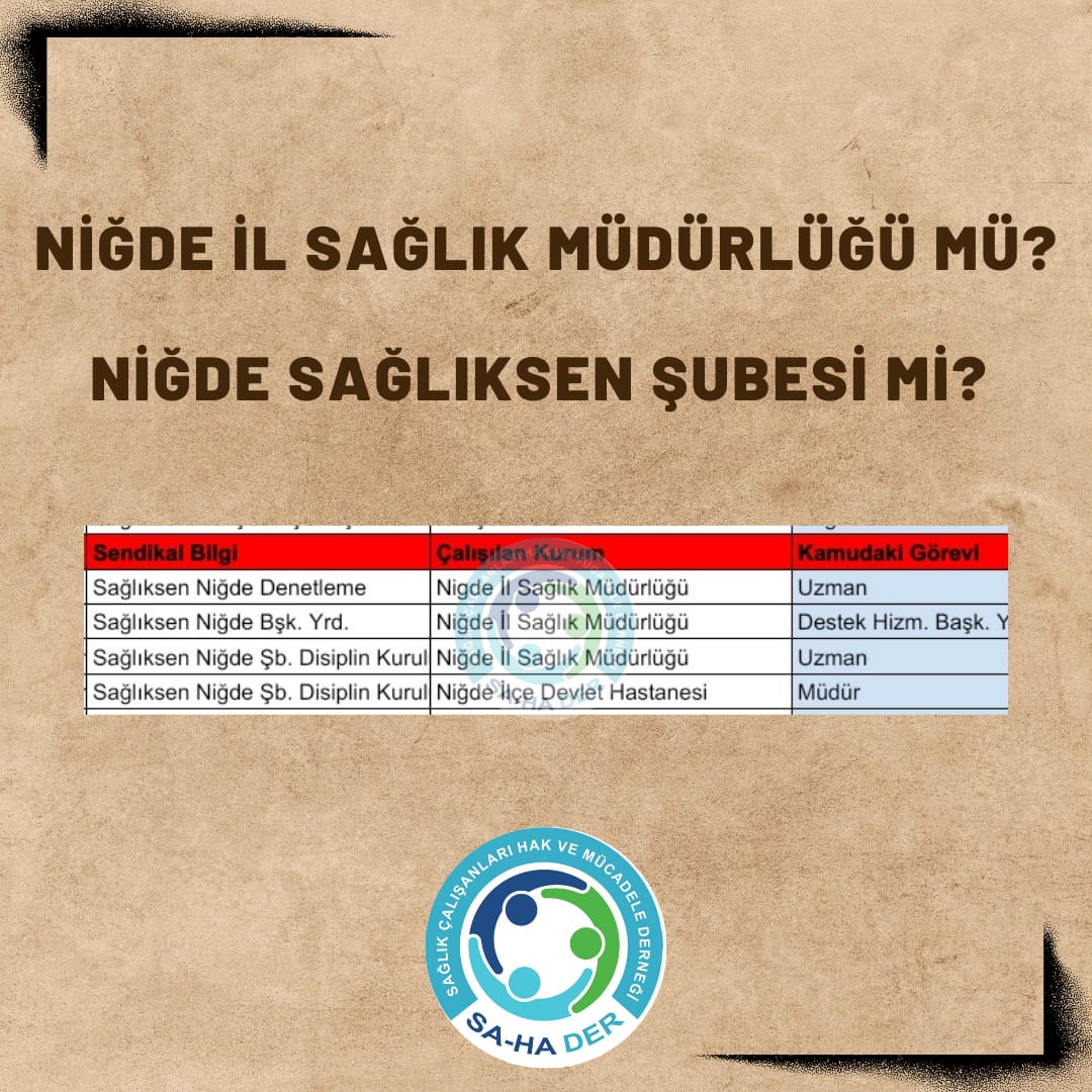 Yer Niğde @SaHaDernegi soruyor Sağlık Sen yöneticisi olanların kamu hastanelerinde yönetici olması ne kadar etikdir? #SaglıktaSarıYapılanma