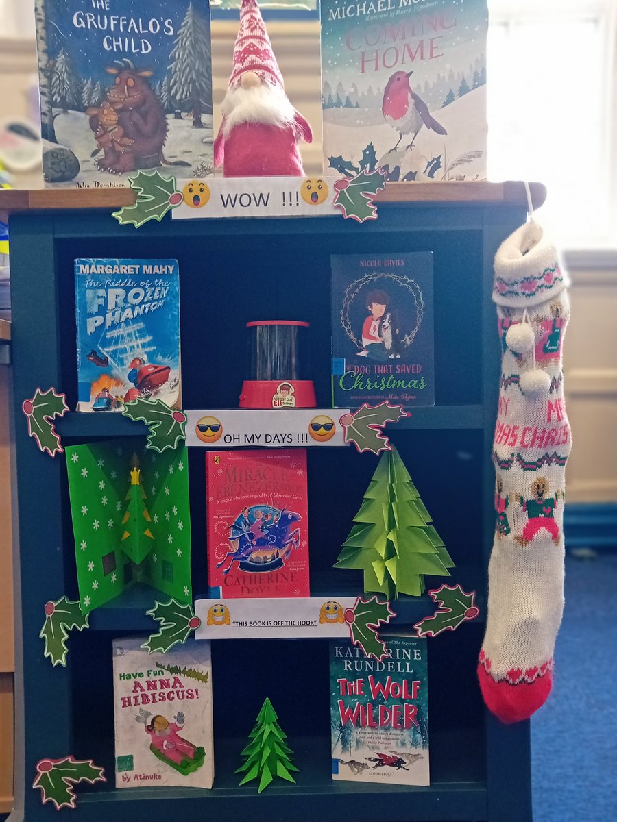 Children @HazelSchool, the latest selection of books on the 'WoW ', 'Oh My Days' & 'This Book is off the Hook' shelves in the library.  @nicolakidsbooks, #michaelmorpurego,#Juliadonaldson, #Margaretmahy, #atinuke, #katherinerundell, #catherinedoyle,  #Christmas2023