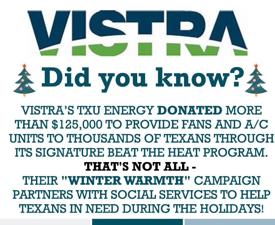 This summer, TXU Energy’s signature 'Beat the Heat' program marked 25 years of helping Texans with air conditioner and fan donations. Now, Vistra and TXU Energy are partnering with social service agencies to help families in need during the Holidays. ​@VistraCorp​ @WinterWarmth