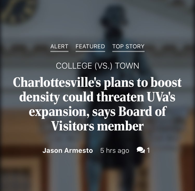 Our concerns about UVA interfering with the city’s efforts to address its affordable housing crisis continue to escalate. Now a member of the Board of Visitors is suggesting the city’s efforts are in opposition to UVA & spreading inaccurate information.🧵 dailyprogress.com/news/local/gov…