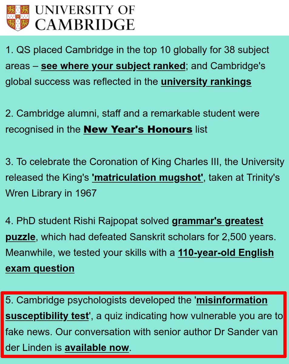 Honoured to have our work on the #misinformation susceptibility test (#MIST) featured in the University of Cambridge Alumni Newsletter's 'Top 5 Stories of 2023' 🏆🎓 @Cambridge_Uni @CambPsych For a Twitter thread about our work on this, see: x.com/rakoenmaertens…