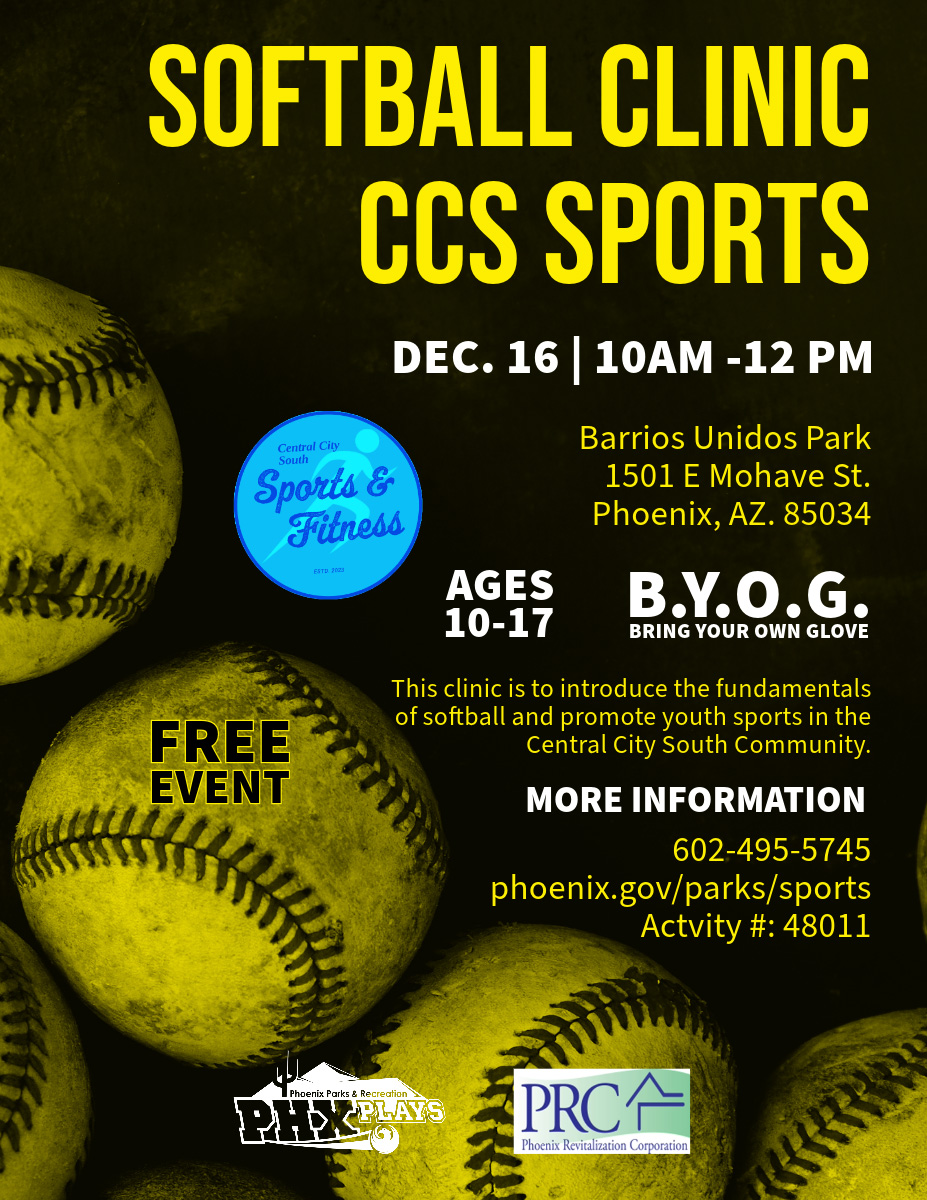 phxrevcorp's tweet photo. Softball Clinic / Central City South Sports FREE EVENT. Sat, Dec 16, 2023, 10AM-12PM. Barrios Unidos Park 1501 East Mohave St Phx, AZ Ages 10-17 Yrs. B.Y.O.G. (Bring Your Own Glove). More Information at (602) 495-5745 or https://t.co/QoQrJMYxny Activity #: 48011 . https://t.co/O00WlWXibz