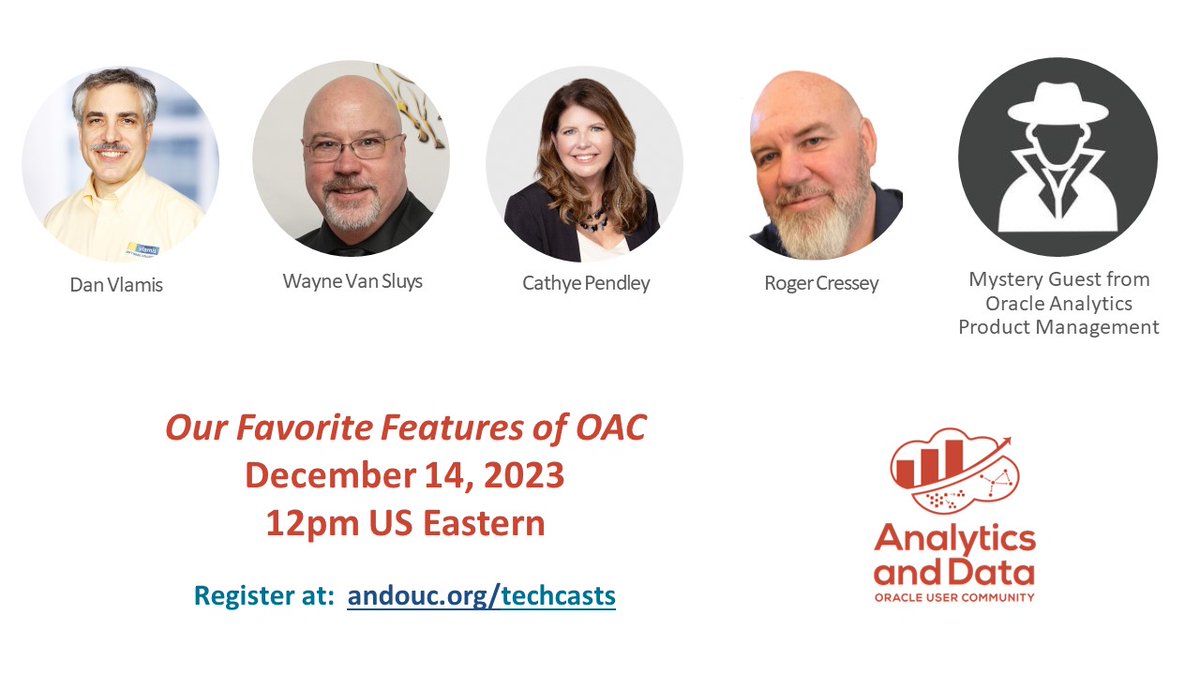 Analytics&DataUserCommunity (@analyticanddata) on Twitter photo "Our Favorite Features of OAC - Nov release"
Thurs. 12/14 | Noon ET (US)
Join <a href="/dvlamis/">Dan Vlamis</a> Cathye Pendley, <a href="/RogerCressey/">Roger Cressey</a> <a href="/wvansluys/">Wayne D. Van Sluys</a> & <a href="/philippe_lions/">Philippe Lions</a> as they live demo their favorite features
Register for free: us02web.zoom.us/webinar/regist… "Our Favorite Features of OAC - Nov release"
Thurs. 12/14 | Noon ET (US)
Join <a href="/dvlamis/">Dan Vlamis</a> Cathye Pendley, <a href="/RogerCressey/">Roger Cressey</a> <a href="/wvansluys/">Wayne D. Van Sluys</a> & <a href="/philippe_lions/">Philippe Lions</a> as they live demo their favorite features
Register for free: us02web.zoom.us/webinar/regist…