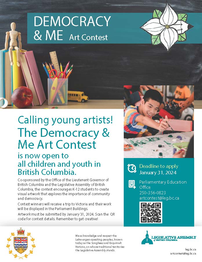 Hey young artists, what does democracy mean to you? Her Honour @LGJanetAustin and @BCLegSpeaker present the Democracy & Me Art Contest for K-12 students in British Columbia. Contest open until Jan. 31, 2024. More info: democracyandme.ca #BCpoli #BCLeg