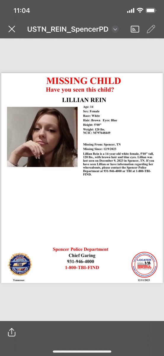 We’re helping the Spencer Police Dept get the word out about a missing 14 y/o girl they are trying to locate. 

If you know where Lillian Rein may be, please contact the Spencer Police Department at 931-946-4000.