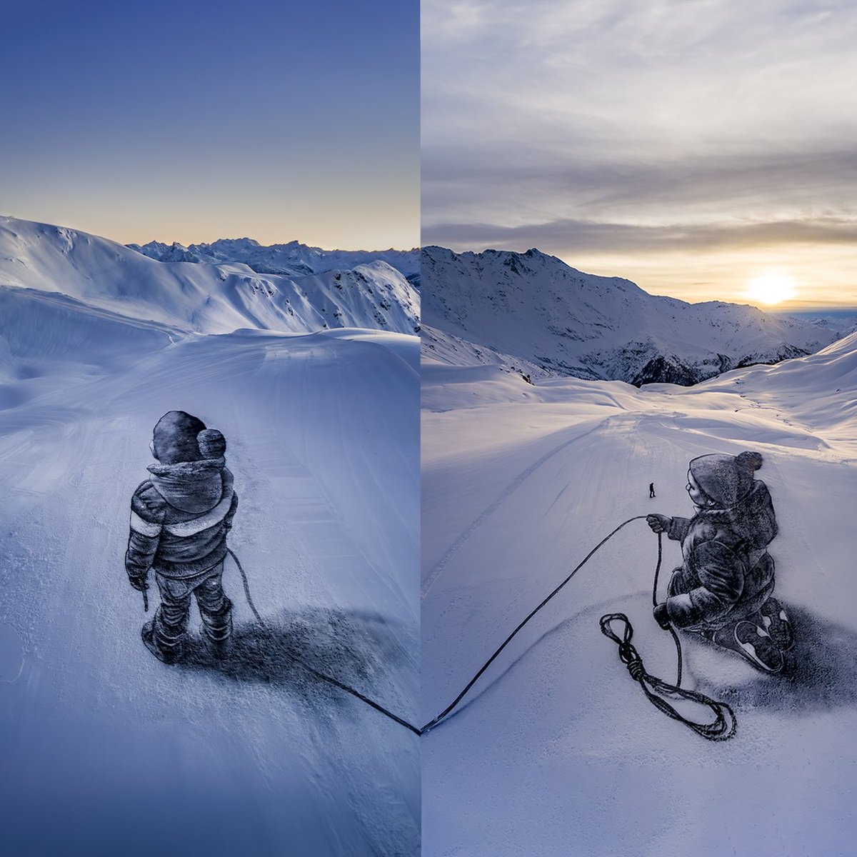 « Encordés » : <a href="/saype_artiste/">Saype</a> au sommet de son art pour célébrer les 20 ans de Paradiski. 

« Encordés » représente deux enfants qui unissent leurs efforts pour gravir une montagne et montrer la voie. 

➡️ la-plagne.com/le-mag/20-boug…

#laplagne #saype #paradiski