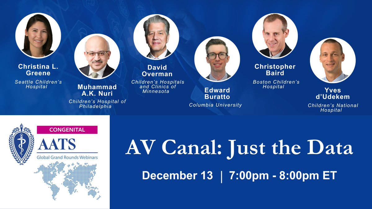 Join us Wednesday, 12/13 at 7pm ET for our next #congential webinar focusing on Atrioventricular Canal (AVC) data. Six surgeons will discuss staged repair, high-risk features, left atrioventricular valve (LAVV) repair durability, and long-term outcomes. aats.org/events/av-cana…