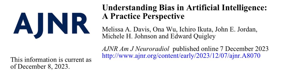 “Understanding Bias in Artificial Intelligence: A Practice Perspective” in press via <a href="/TheAJNR/">AJNR</a>: 
ajnr.org/content/early/…
🧠🤖⚖️
#AI #Radiology #NeuroRadiology #MedTwitter