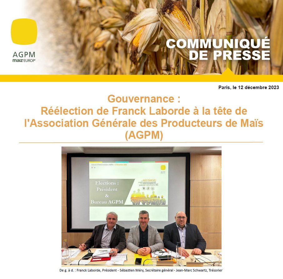 📢🌽[CP] Gouvernance : réélection de
<a href="/Laborde_Franck/">Franck LABORDE</a> en tant que président de l'AGPM.
@Sebastien_Mery_ est élu Secrétaire général et
<a href="/Patoon68/">Schwartz</a> devient trésorier et Gérald Bacconnier devient membre du bureau.
➡️Lire le CP complet bit.ly/41hFFdG