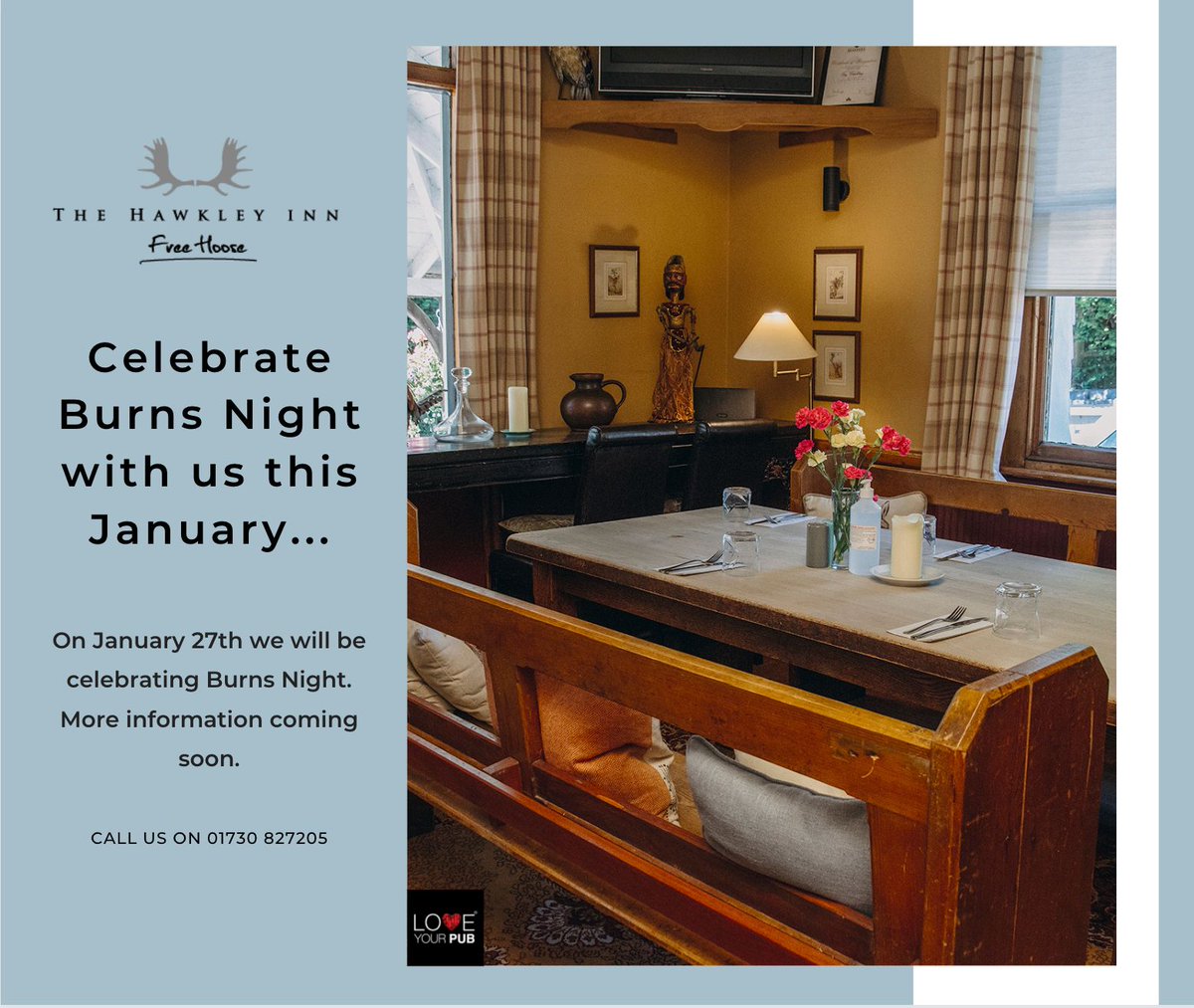 A date for your diary...we have exciting news! 
We will be celebrating Burns Night here on the 27th January. More details to follow soon.

 #countrybreaks #bestfood #locallysourced #drinks #countrypubs #christmasmenu #hampshirepubs #bestpubs #bar #staycation #countrysidestays