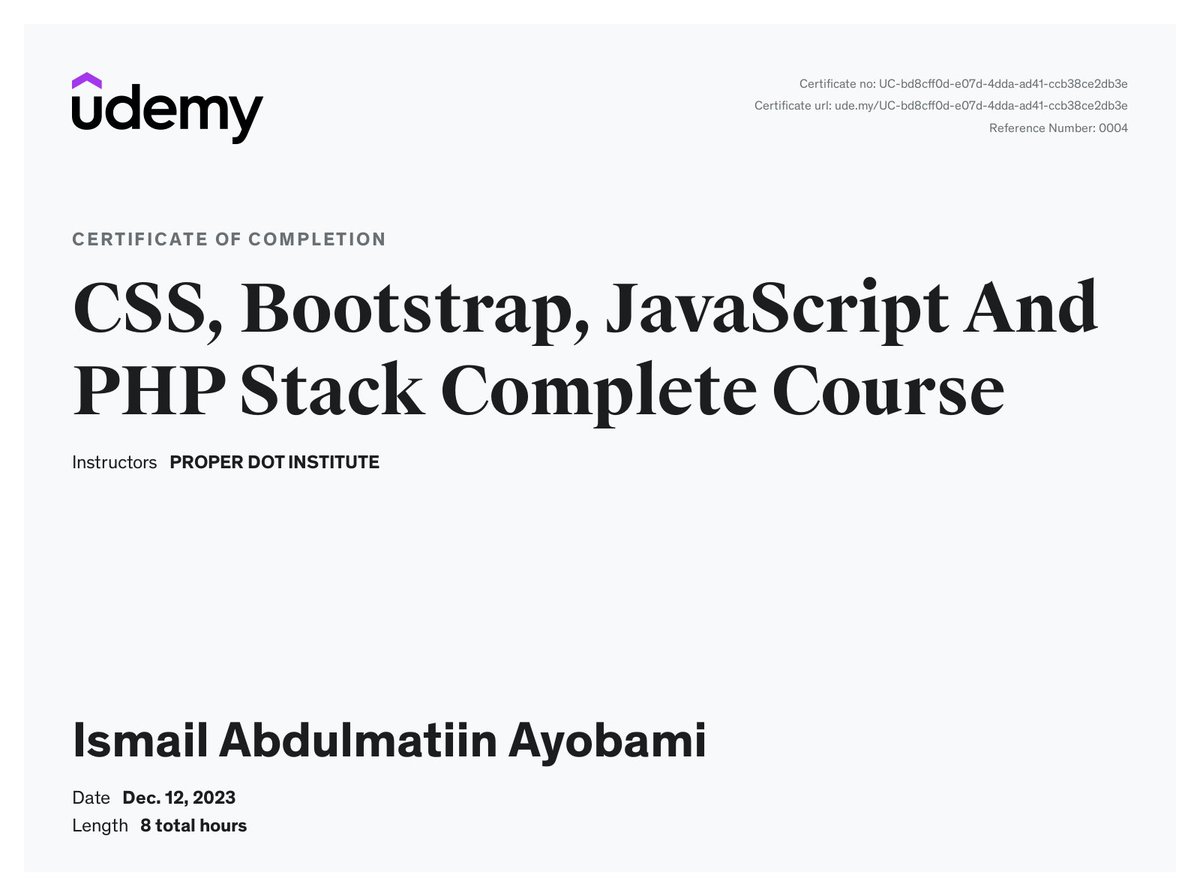 anNahjiy's tweet image. #full_stack_developer
Congratulations to me 🎉.
My course completion certificate for "CSS, Bootstrap, JavaScript And PHP Full Stack Web Development Complete Course" @udemy
@awscloud
@googledevs
@MetaforDevs
@msdev