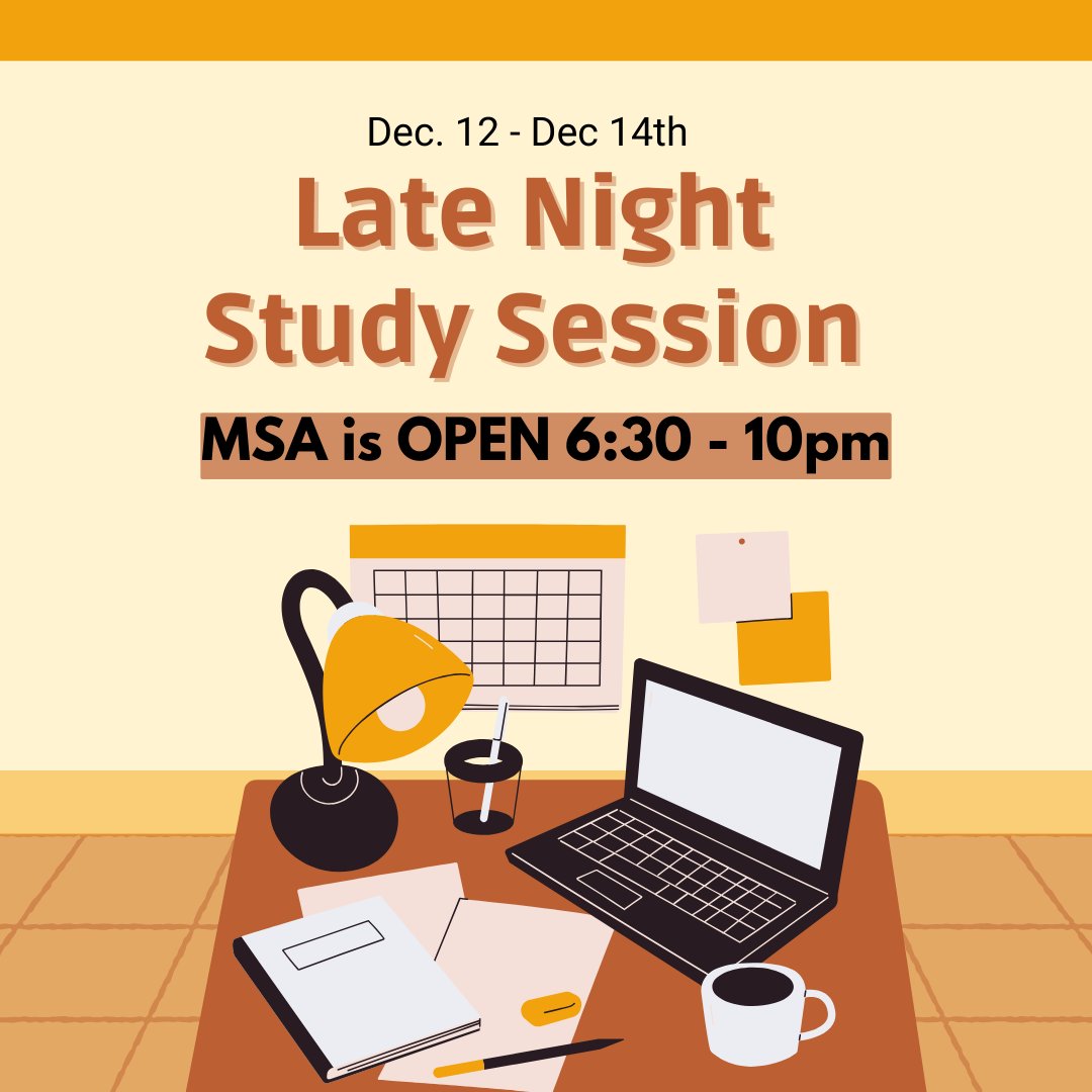 Embrace the nighttime hustle with MSA's Late Night Study Sessions! 🌙✨ Join us over the next 3 nights from 6:30 PM to 10 PM—swing by whenever suits your schedule! 📚🌟 #MSAStudyNights #LateNightFocus