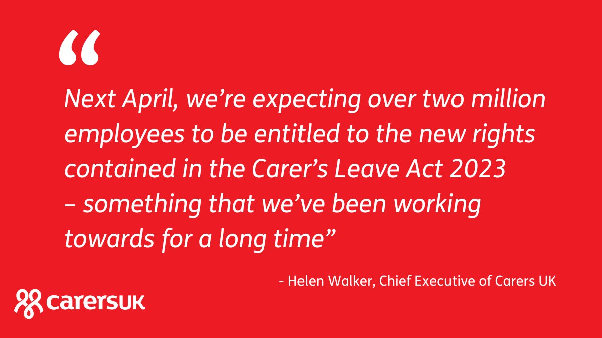 We are excited to share that the Carer’s Leave Act should come into force on 6 April 2024! Employers and carers should be aware of additional details published in the draft regulations which lay out the terms of the Act. Find out more: carersuk.org/press-releases…