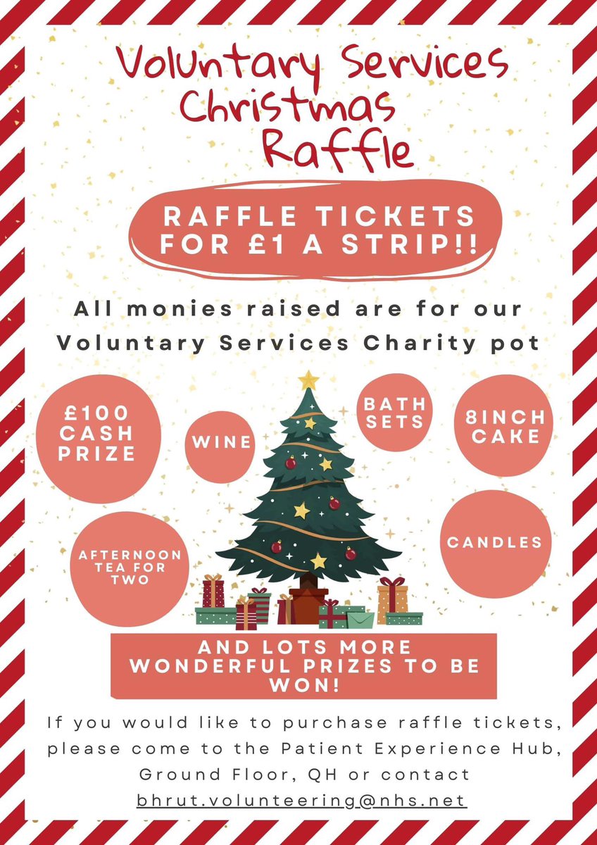 🎄🎅Who wants the chance to win  £100 cash  for a £1 !!!! 🎄🎅 

🎅🎄Voluntary Services Christmas raffle - lots of wonderful prizes to be won 🎅🎄 

🎄🎅 Please contact me for raffle tickets 🎄🎅