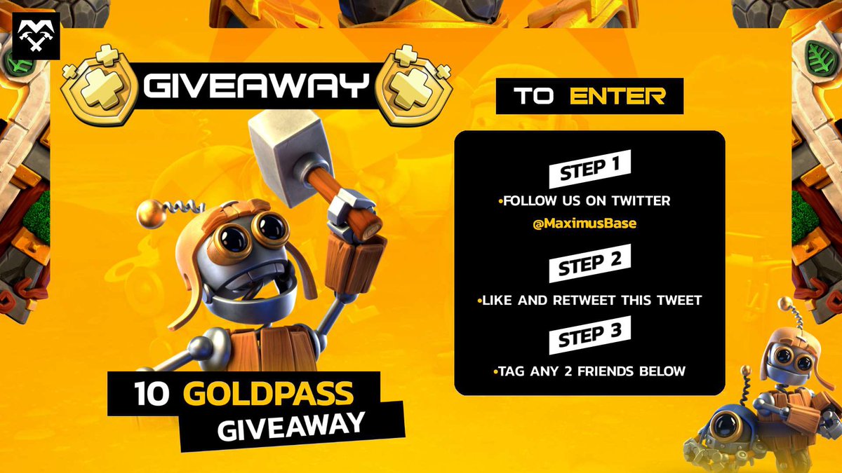 🏰 Maximus Base Building Grand Opening! 🎉

🎁 Join the Celebration Giveaway:
🌟 10 Gold Passes up for grabs!

🔐 To Enter:
1. ❤️ Like &amp; 🔁 Retweet
2. 📲 Follow Us
3. 👫 Tag 2 Friends
4. 🎮 Must join our Discord Server

Discord Link: discord.com/invite/96gb8td…