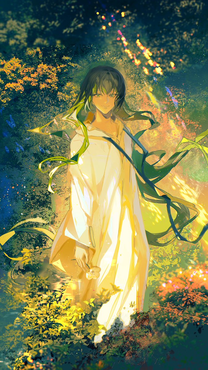 enkidu (fate) long hair robe solo androgynous green hair white robe looking at viewer  illustration images