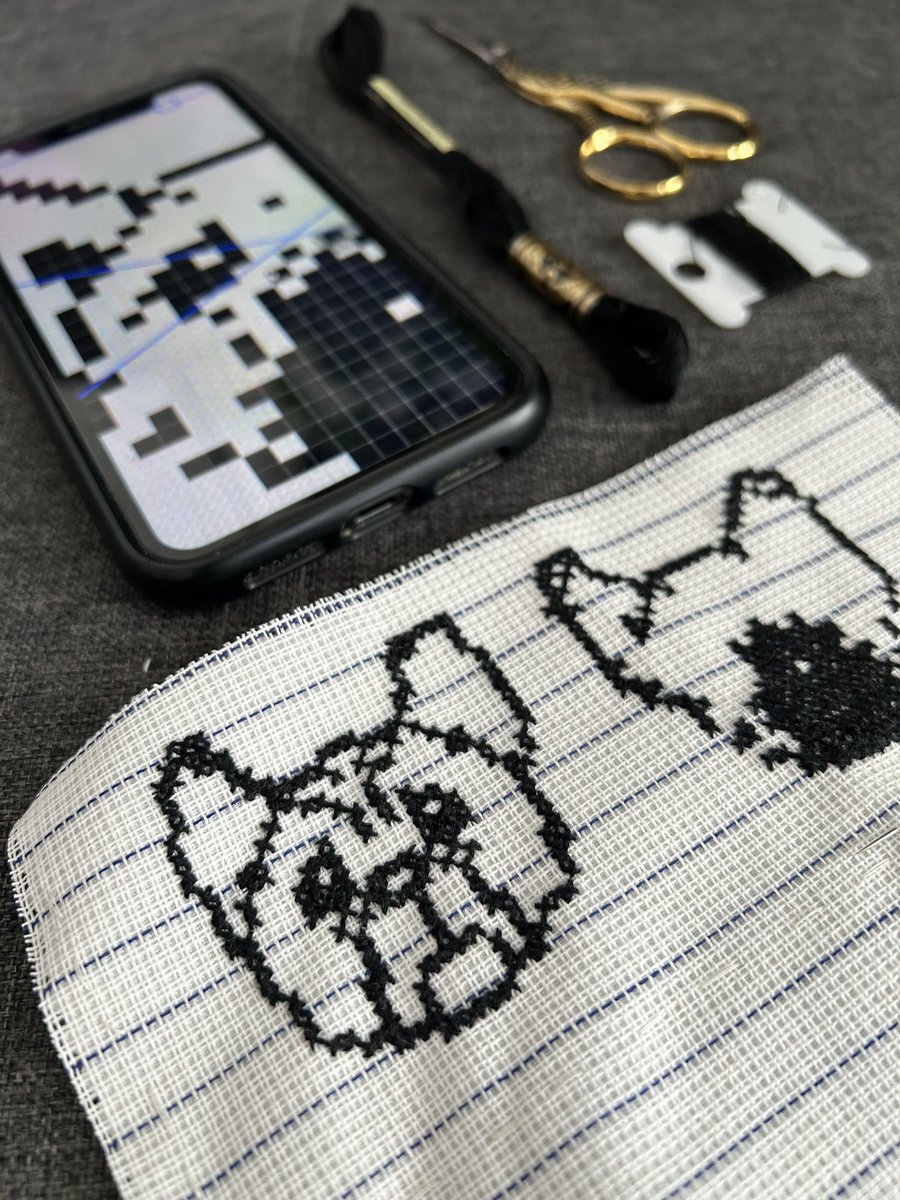 Pupokia, designed by @pinot with the Nokia 3315. Pixel by pixel. And Pupokia stitch by stitch version by me. Stitched on waste canvas 14ct & black DMC thread.