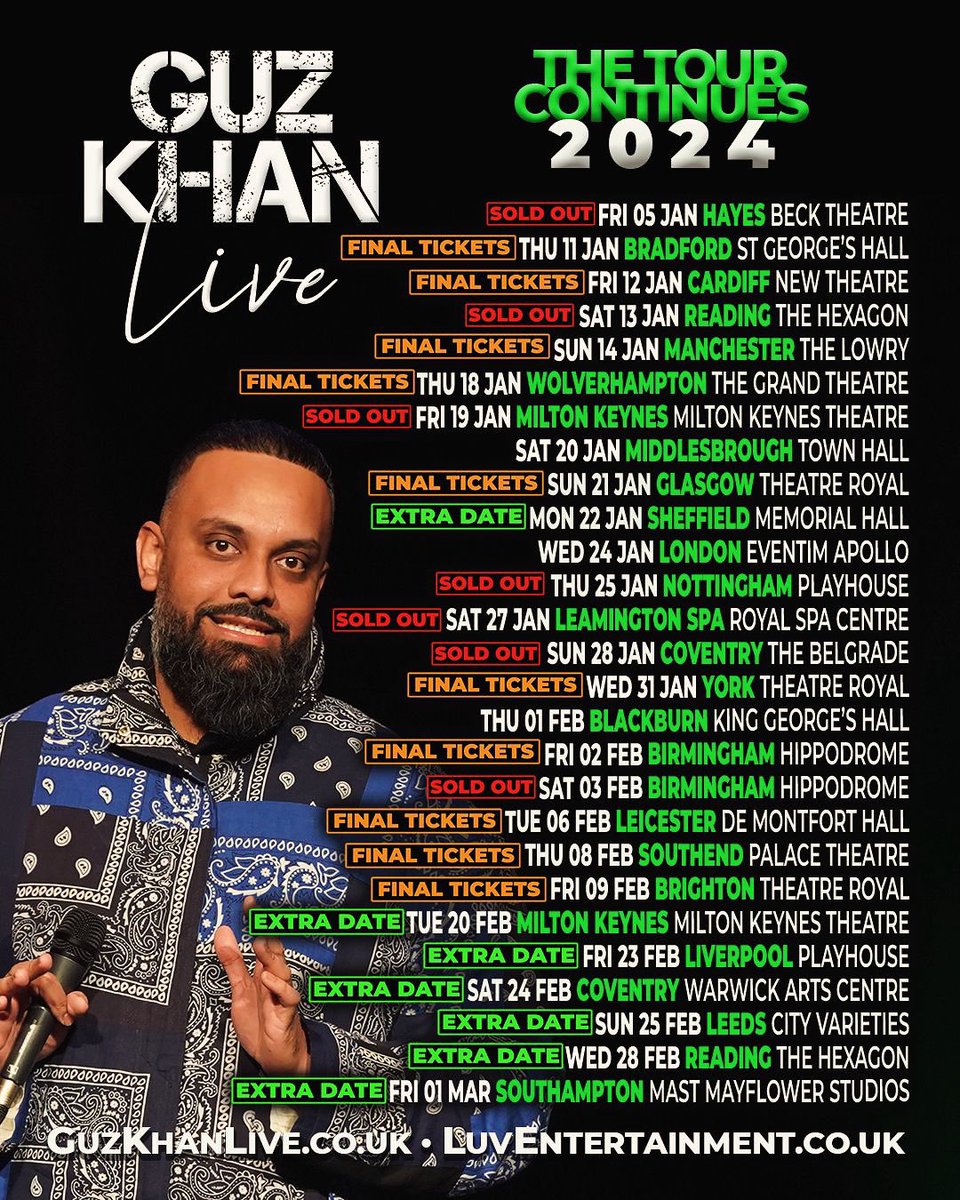 Cancel who?! 😅🤲🏾💚 this tour is almost sold out. Thank every single one of you. Let’s have some fun. Final tickets available NOW at guzkhanlive.co.uk