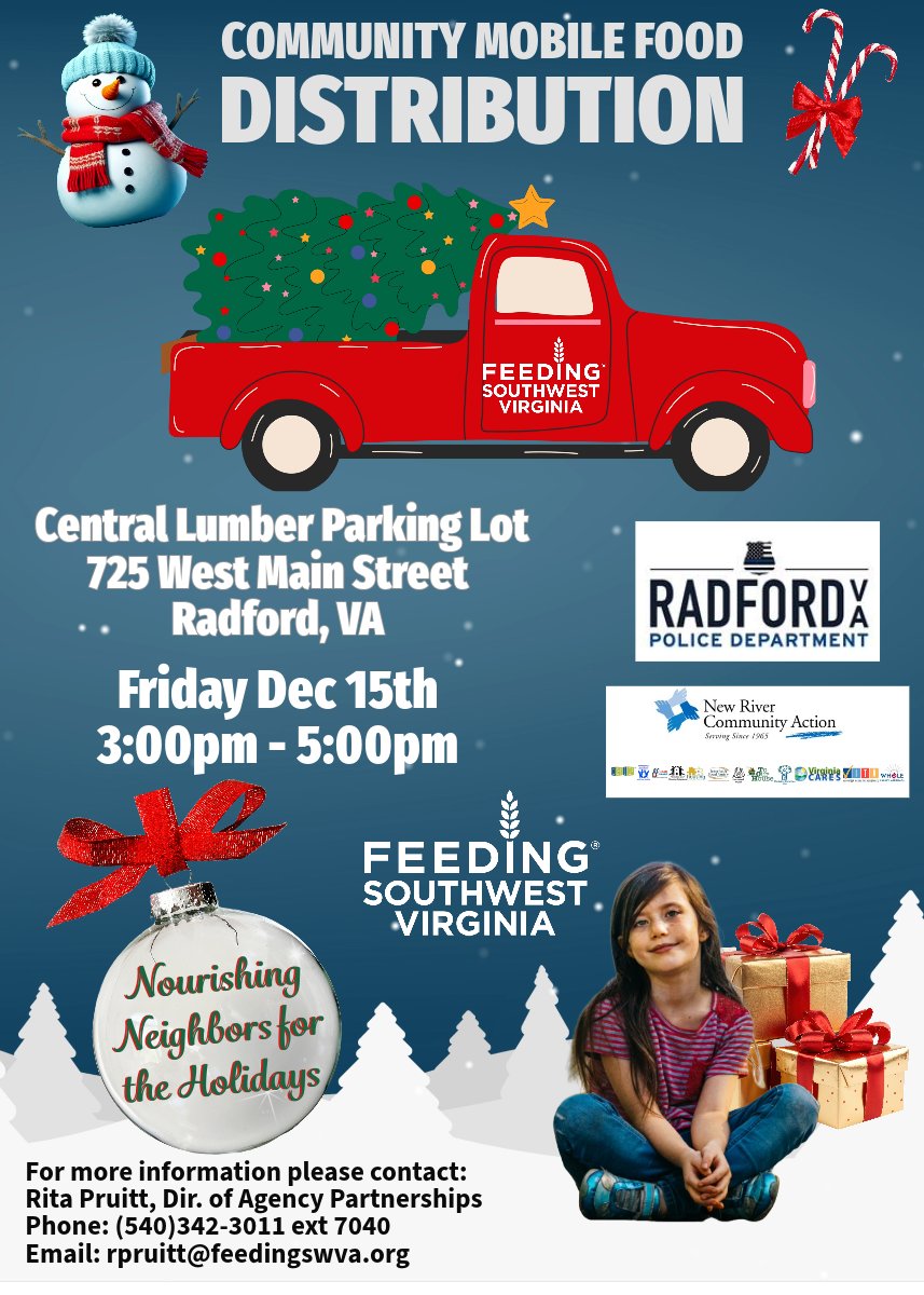 On Friday, December 15, Feeding Southwest Virginia will have a Mobile Food Distribution in Radford. Check out the flyer for details!