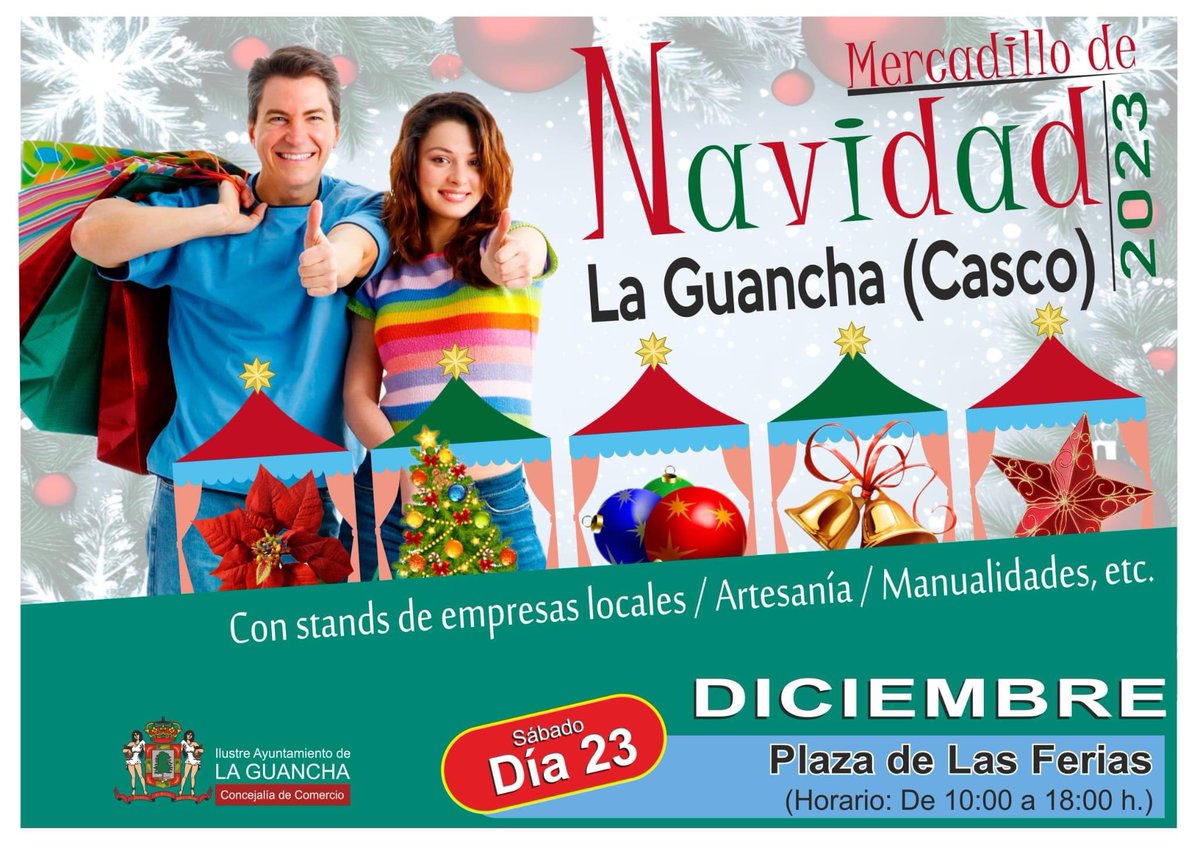🛍 La Plaza de las Ferias acoge un nuevo #MercadillodeNavidad en #LaGuancha

Te esperamos el 23D, de 10 a 18 h, con entrada libre.

Organiza: 𝘾𝙤𝙣𝙘𝙚𝙟𝙖𝙡í𝙖 𝙙𝙚 𝘾𝙤𝙢𝙚𝙧𝙘𝙞𝙤
AYUNTAMIENTO DE 𝗟𝗔 𝗚𝗨𝗔𝗡𝗖𝗛𝗔 🎄 

#comerciolocal #mercadillodeNavidad #artesanía