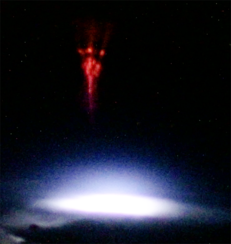 Cmdr_Hadfield's tweet image. Lightning goes both ways - down to strike the Earth and up towards space. Amazing photo of a red sprite above a storm, by @Astro_Andreas. 
Details, including gif: tinyurl.com/ycynckzr @esa