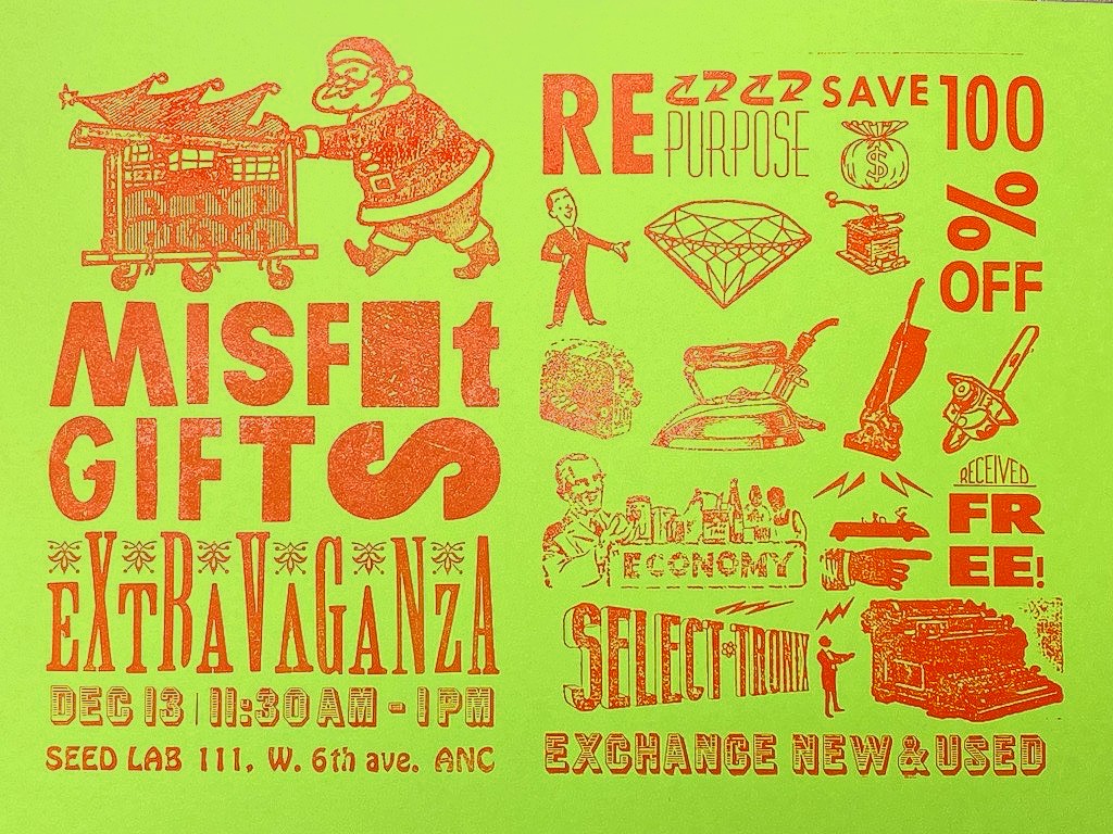 Don't miss our "misfit" gift exchange, happening this Wednesday at Seed Lab!

Bring any new or nearly-new items that would make a great gift for someone this season and exchange with others, pick out a gift from community contributions and wrap them at our reuse wrapping station.